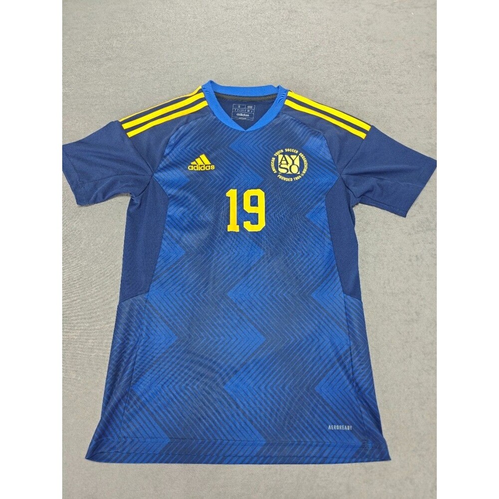 Adidas AYSO Youth Soccer Jersey Size S #19 Blue Yellow Aeroready Slim Fit